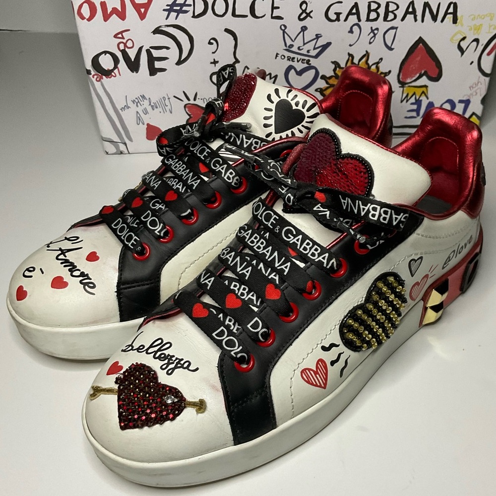 Dolce & Gabbana 38 Tricolor Sequins Crystals Heart L'Amore Portofino Sneakers
